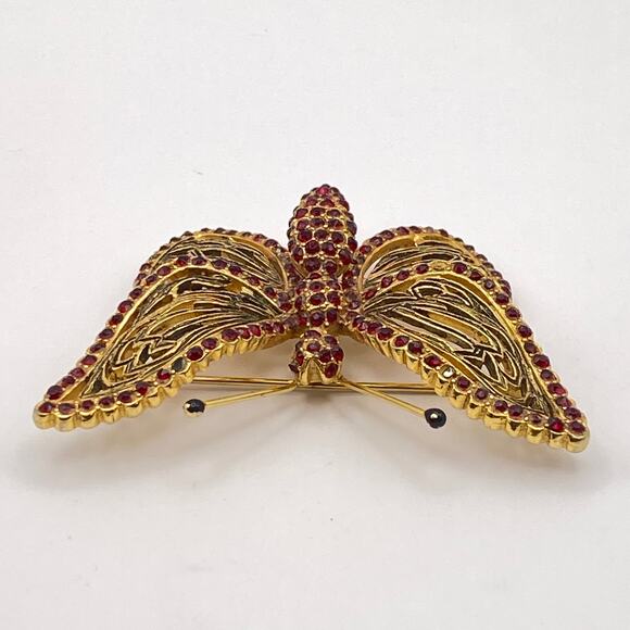 RARE 1940s VOGUE JEWELRY Butterfly Vintage Brooch Gold Tone Red Color Crystals - Picture 6 of 12